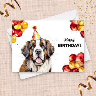 Saint Bernard with Balloons and Party Hat Birthday Card