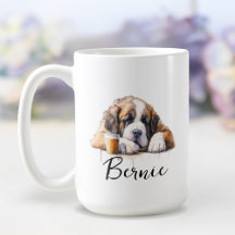 Saint Bernard with coffee mug, dog with attitude