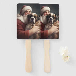 Saint Bernard With Santa Claus Festive Christmas Hand Fan