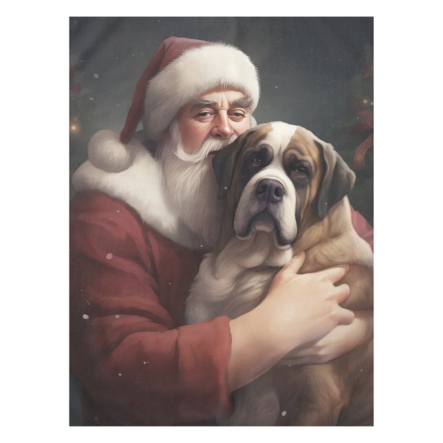 Saint Bernard With Santa Claus Festive Christmas Tablecloth (Front)