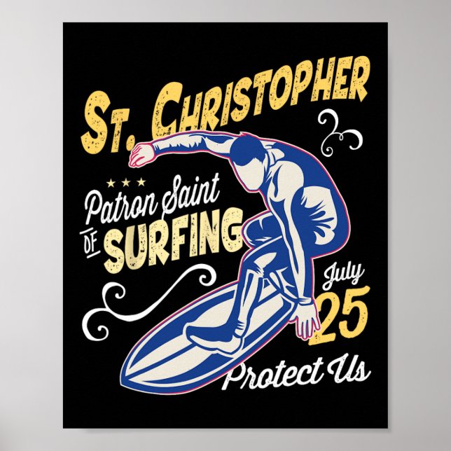 Saint Christopher Surf Patron Saint Of Surfing Cat Poster (Front)