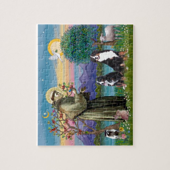 Saint Francis - Two Bernese Mountain Dogs Jigsaw Puzzle (Vertical)