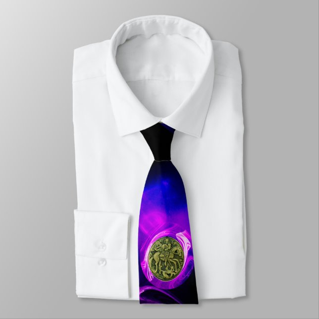 SAINT GEORGE AND DRAGON Blue Purple Fractal Rose Tie (Tied)