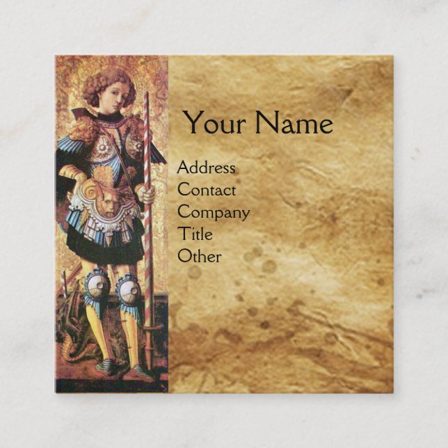 SAINT GEORGE AND DRAGON Brown Parchment Monogram Square Business Card (Front)