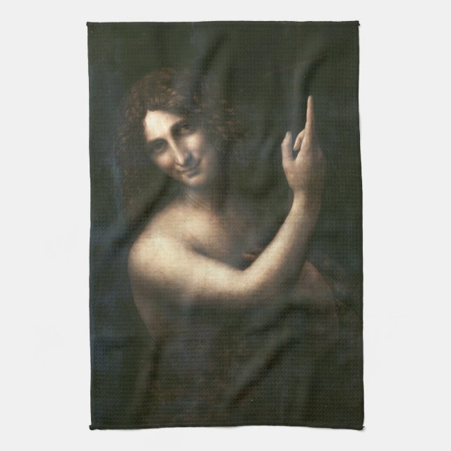 Saint John the Baptist, Leonardo da Vinci Tea Towel (Vertical)