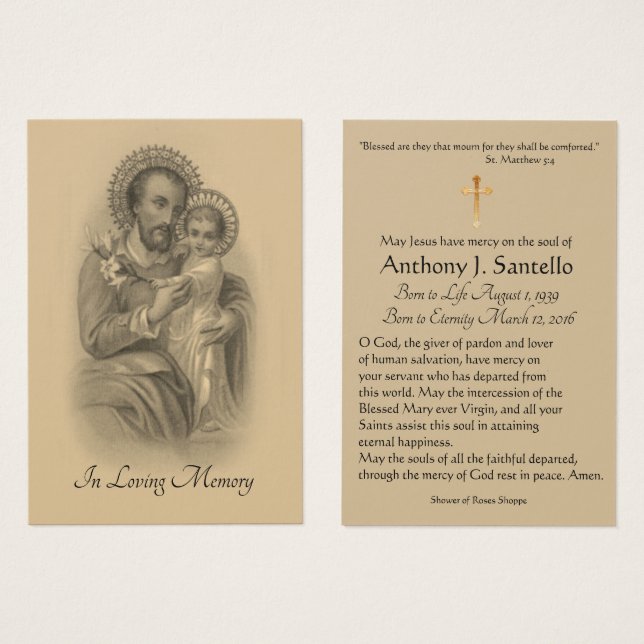 Saint Joseph Funeral Sympathy Prayer Holy Card (Front & Back)