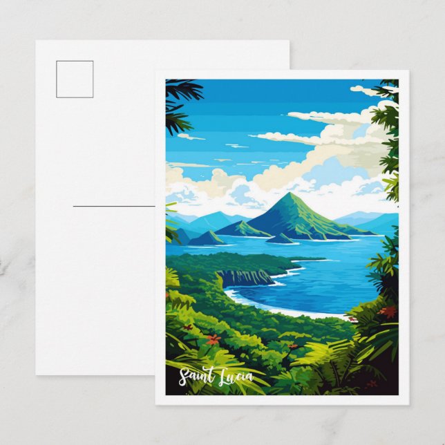 Saint Lucia Beach Art Vintage Travel Illustration Postcard (Front/Back)