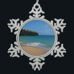 Saint Lucia Beach Tropical Vacation Landscape Snowflake Pewter Christmas Ornament<br><div class="desc">The beach at the resort at Saint Lucia was quite pretty - the sky was blue, the water was turquoise, and the sand was, well, sandy. This picture captures a sunny day at the beach. Check out our store for more beautiful beach photos. This picture is also featured as the...</div>