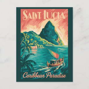 Saint Lucia Boat Illustration Travel Art Vintage Postcard