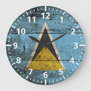 Saint Lucia Flag on Old Wood Grain Large Clock