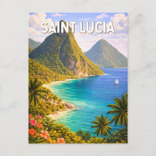 Saint Lucia Illustration Travel Art Vintage Postcard