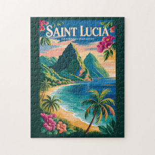 Saint Lucia Pitons Illustration Travel Art Vintage Jigsaw Puzzle