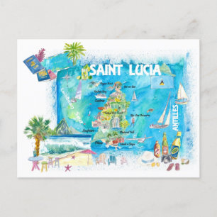 Saint Lucia West Indies Illustrated Map  Postcard