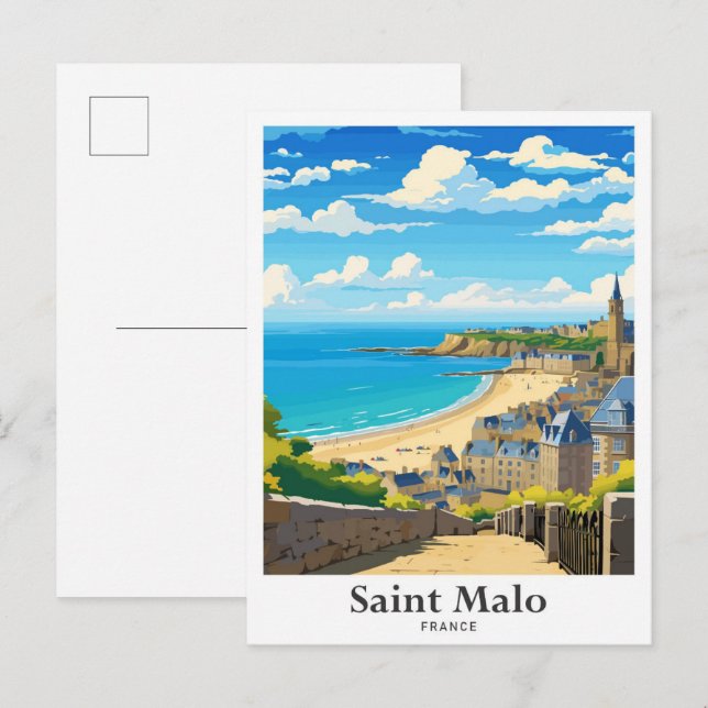 Saint Malo France Art Vintage Travel Illustration Postcard (Front/Back)