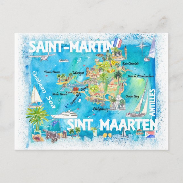 Saint-Martin Sint Maarten Antilles Map Postcard (Front)