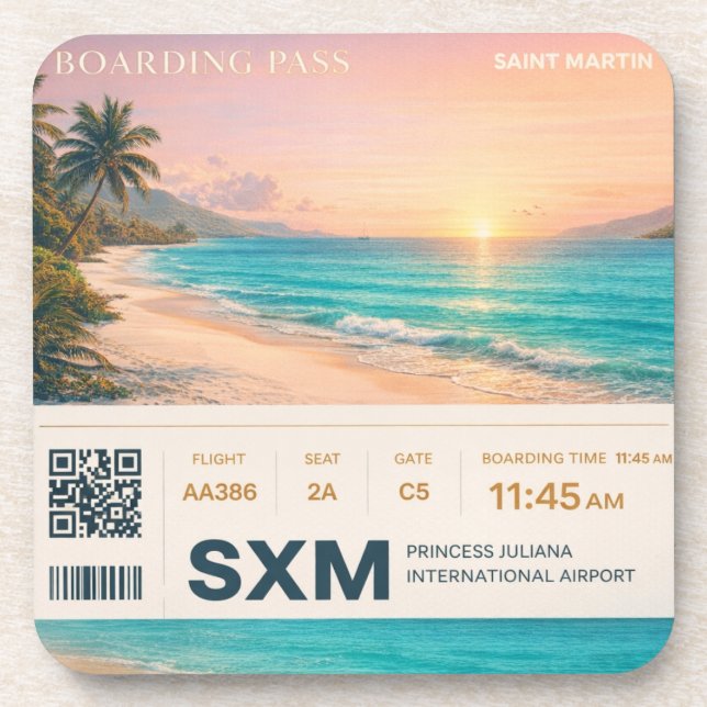 Saint Martin SXM Boarding Pass Sunset Coaster (Front)