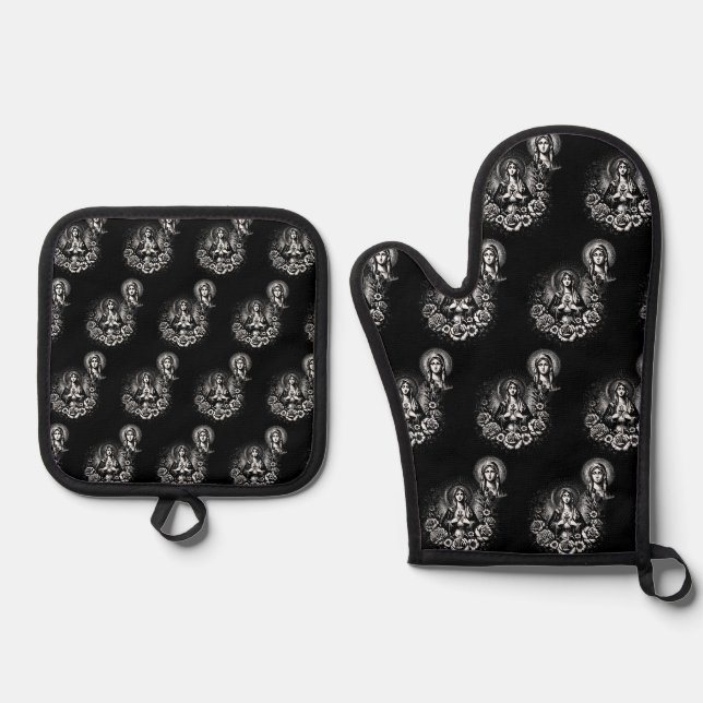 Saint Mary Catholic Christian Catholic Meditation Oven Mitt & Pot Holder Set (Front)