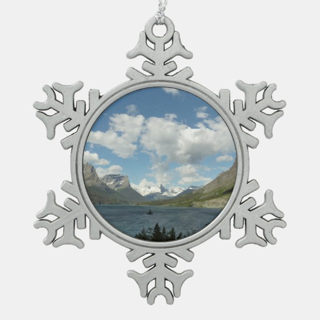 Saint Mary Lake II at Glacier National Park Snowflake Pewter Christmas Ornament (Front)