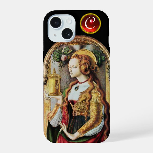 SAINT MARY MAGDALENE Ruby Gem Monogram ,Black iPhone 15 Case (Back)