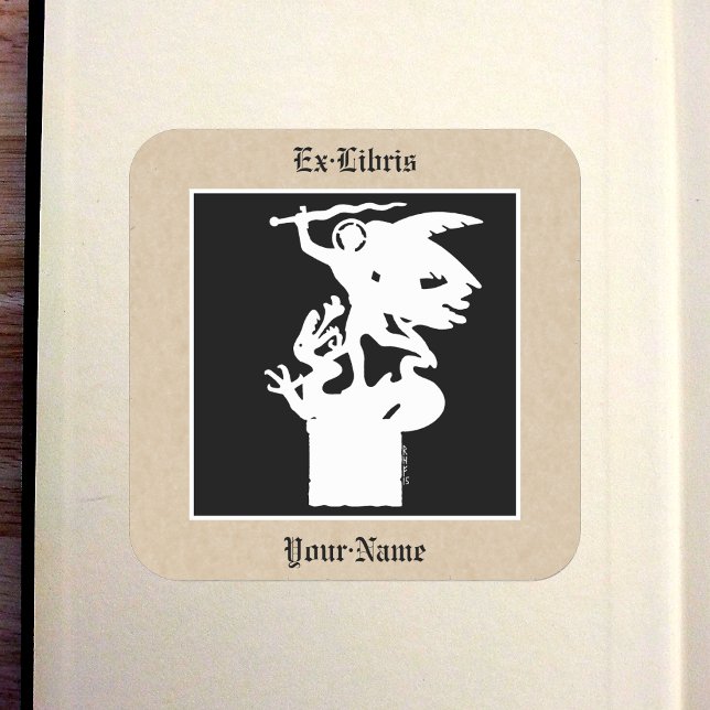 Saint Michael and Dragon (in White) Bookplate Square Sticker (Saint Michael and Dragon (in White) Bookplate in Old Book)