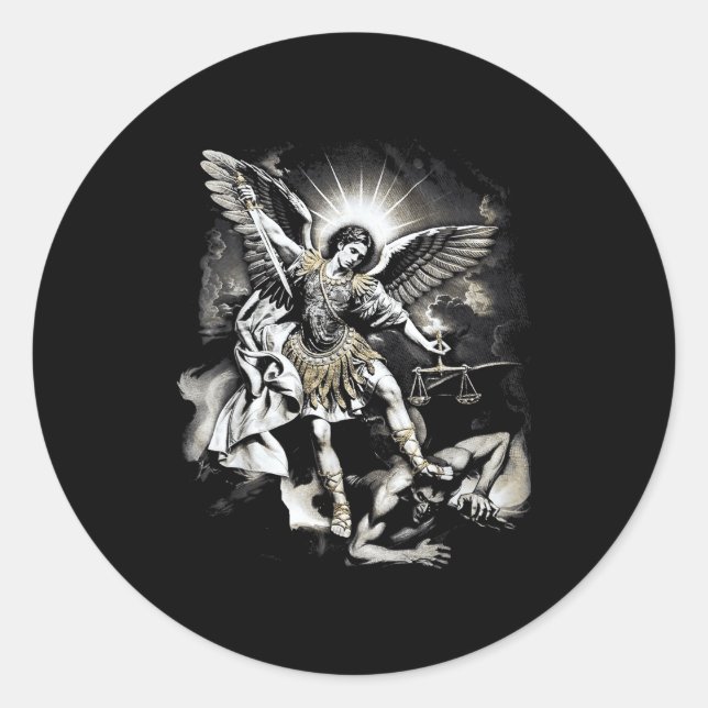 Saint Michael Defeating Satan Archangel Warrior  Classic Round Sticker (Front)