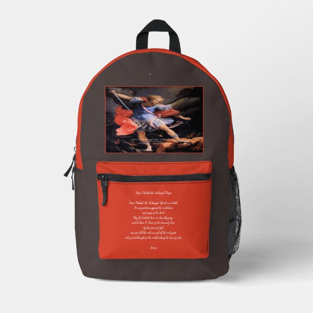 Saint Michael the Archangel with Prayer Printed Backpack (Front)