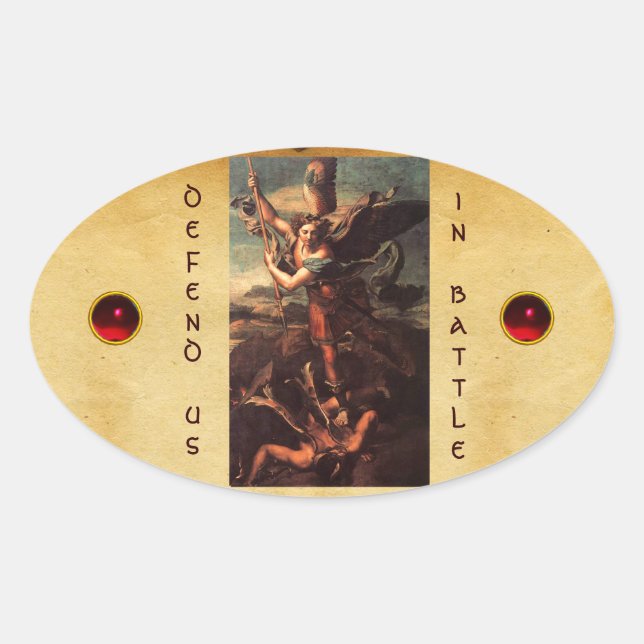 SAINT MICHAEL VANGUISHING SATAN OVAL STICKER (Front)