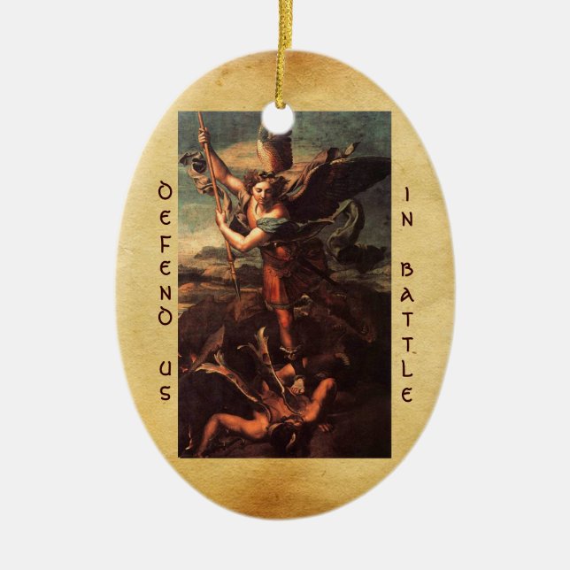 SAINT MICHAEL VANGUISHING SATAN Prayer Ceramic Tree Decoration (Front)