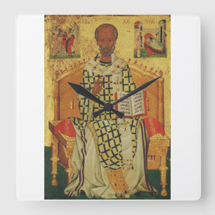 Saint Nicholas of Myra Orthodox Icon Square Wall Clock