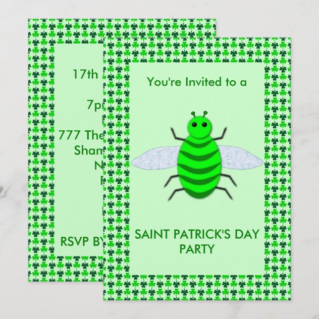 Saint Patricks Day Bee and Shamrocks Invitation (Front/Back)