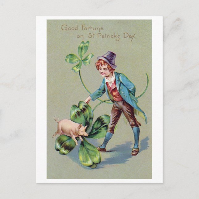 Saint Patrick's Day Boy & Lucky Pig, Vintage Postcard (Front)