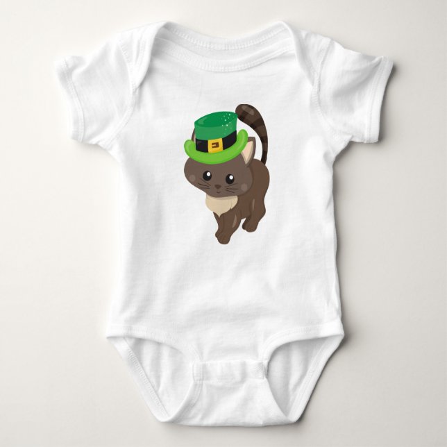 Saint Patrick's Day, Brown Cat, Leprechaun Hat Baby Bodysuit (Front)