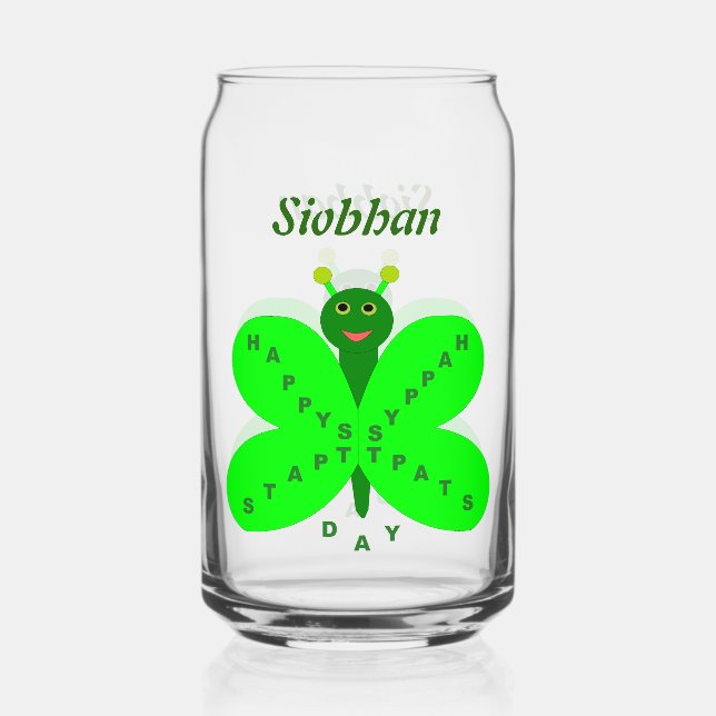 Saint Patricks Day Butterfly Custom Name Can Glass (Front)