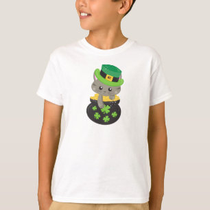 Saint Patrick's Day Cat, Clovers, Pot Of Gold T-Shirt