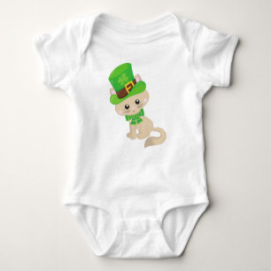 Saint Patrick's Day Cat, Leprechaun Hat, Clovers Baby Bodysuit