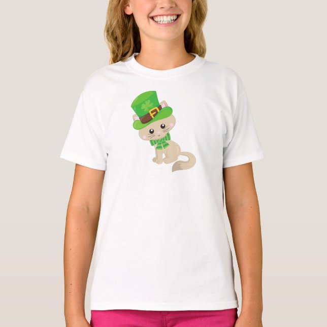 Saint Patrick's Day Cat, Leprechaun Hat, Clovers T-Shirt (Front)