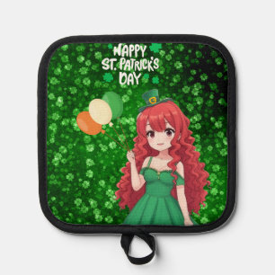 Saint Patrick's day cute, Irish anime lass Pot Holder