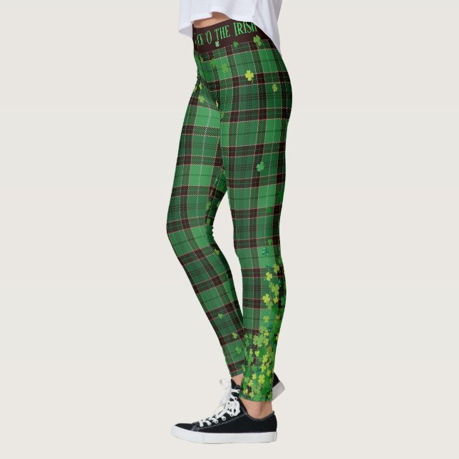 Saint Patrick's Day Glitter Shamrocks Tartan Plaid Leggings (Left)