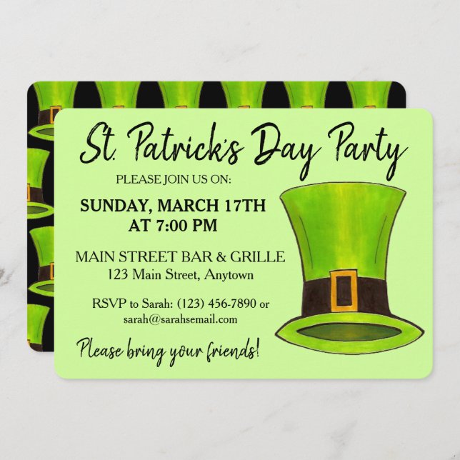 Saint Patrick's Day Green Leprechaun Tophat Party Invitation (Front/Back)