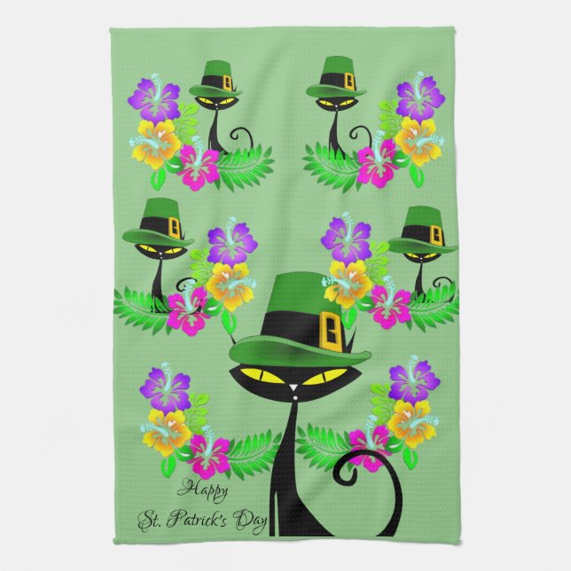 Saint Patrick's Day Kitchen Hand Towel Cat Floral (Vertical)