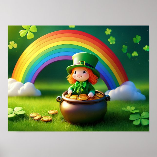 Saint Patrick's Day Leprechaun in Pot of Gold Poster (Front)