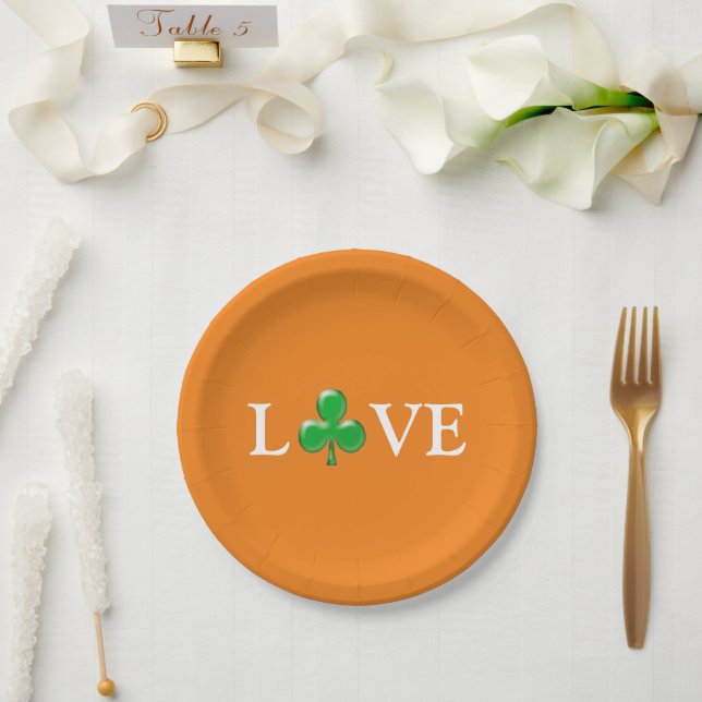 Saint Patrick's Day Love Green orange Shamrock   Paper Plate (Wedding)