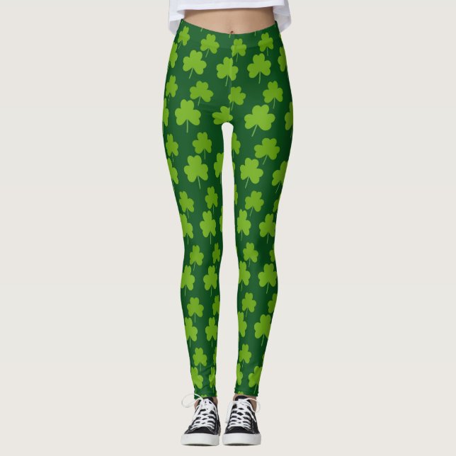 Saint Patrick's Day Lucky Green Shamrock Clover Leggings (Front)