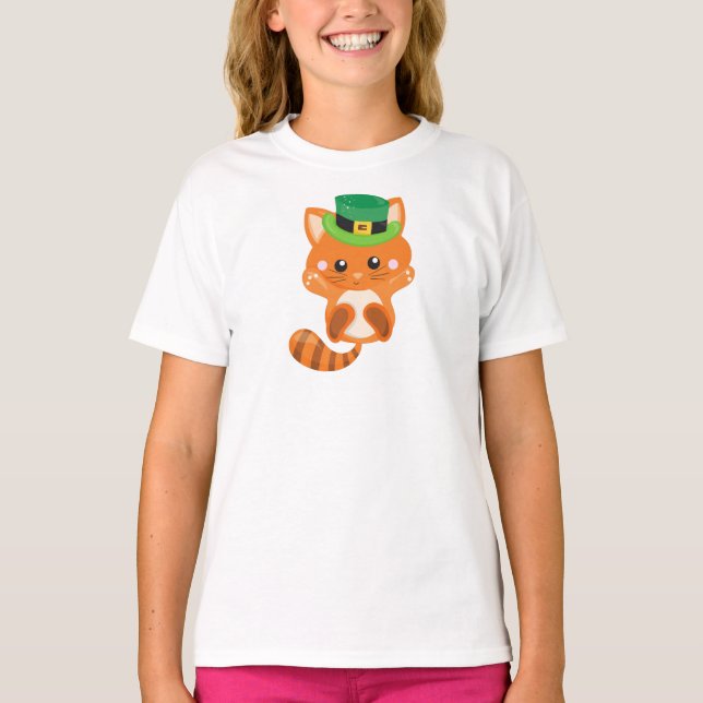 Saint Patrick's Day, Orange Cat, Leprechaun Hat T-Shirt (Front)
