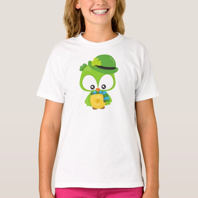 Saint Patrick's Day Owl, Clovers, Leprechaun Hat T-Shirt (Front)