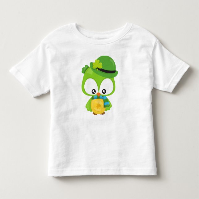 Saint Patrick's Day Owl, Clovers, Leprechaun Hat Toddler T-Shirt (Front)