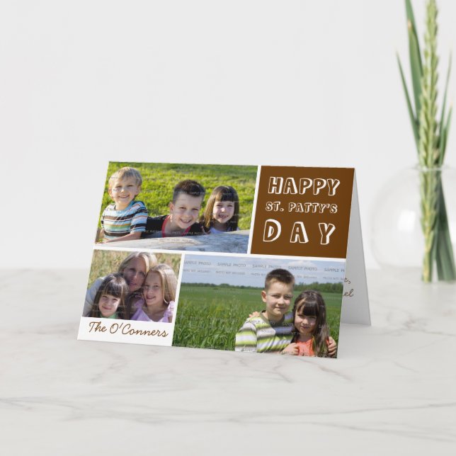 Saint Patricks Day Photo Collage Green Shamrock Card (Front)