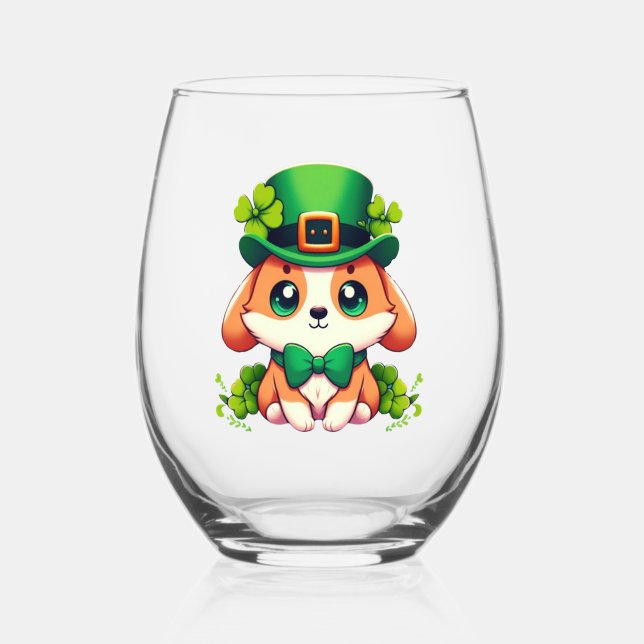 Saint Patricks' Day puppy  Stemless Wine Glass (Front)