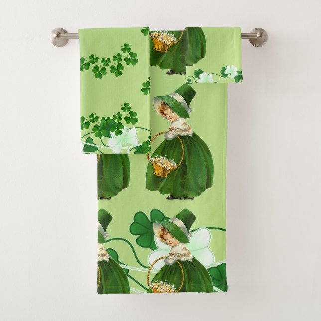 Saint Patricks Day Shamrock Cute Lucky Girl Green  Bath Towel Set (Insitu)