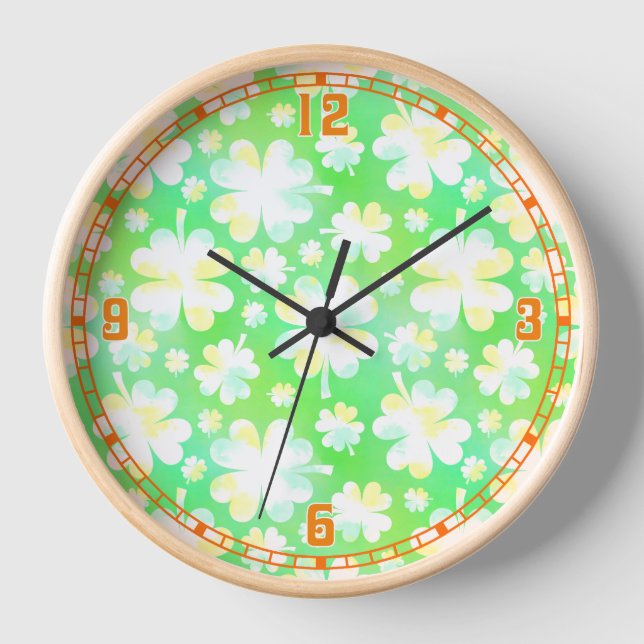 Saint Patrick's Day Shamrocks Retro Watercolor Wall Clock (Front)